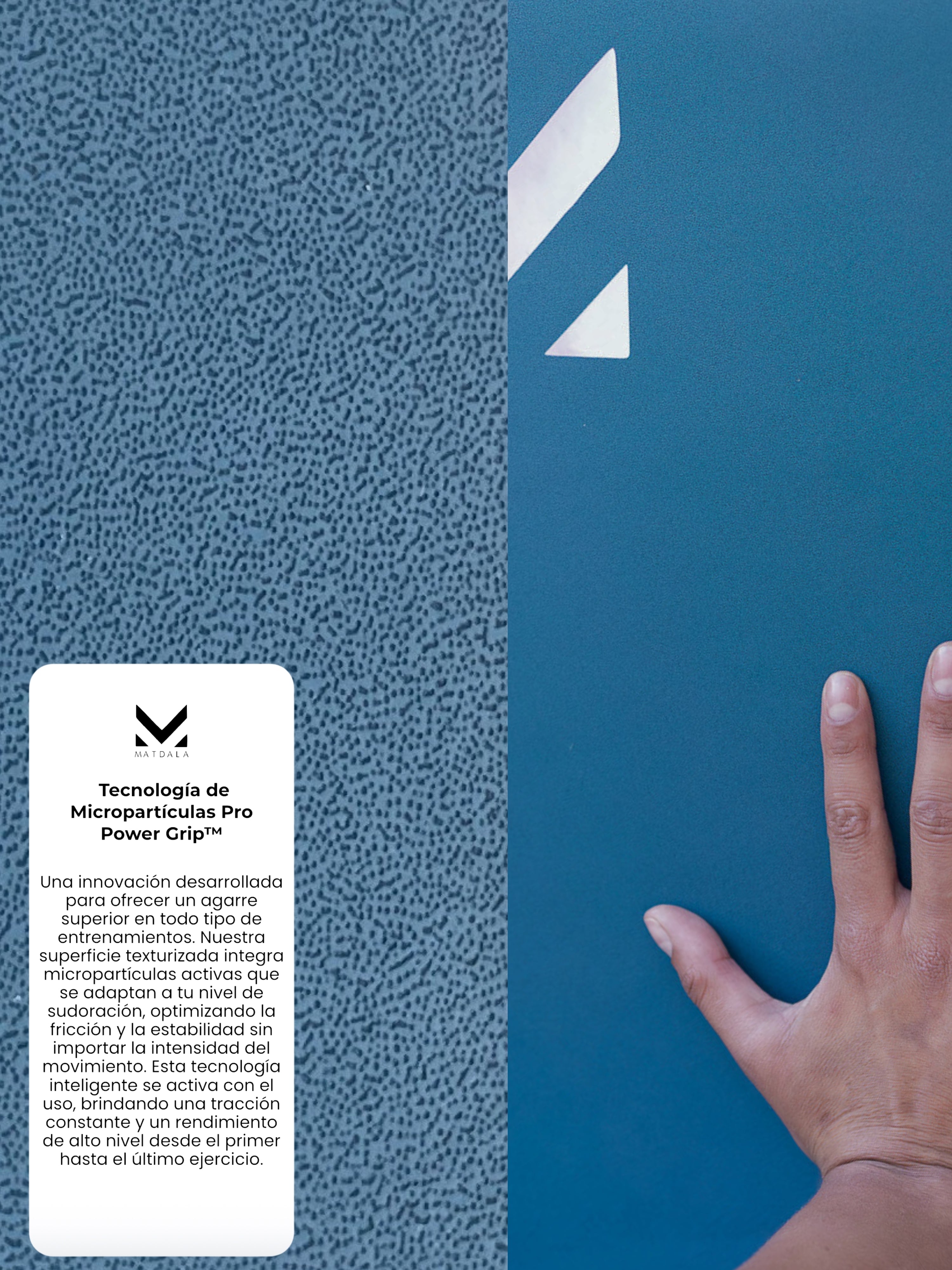 Una mano sobre un mat de yoga azul